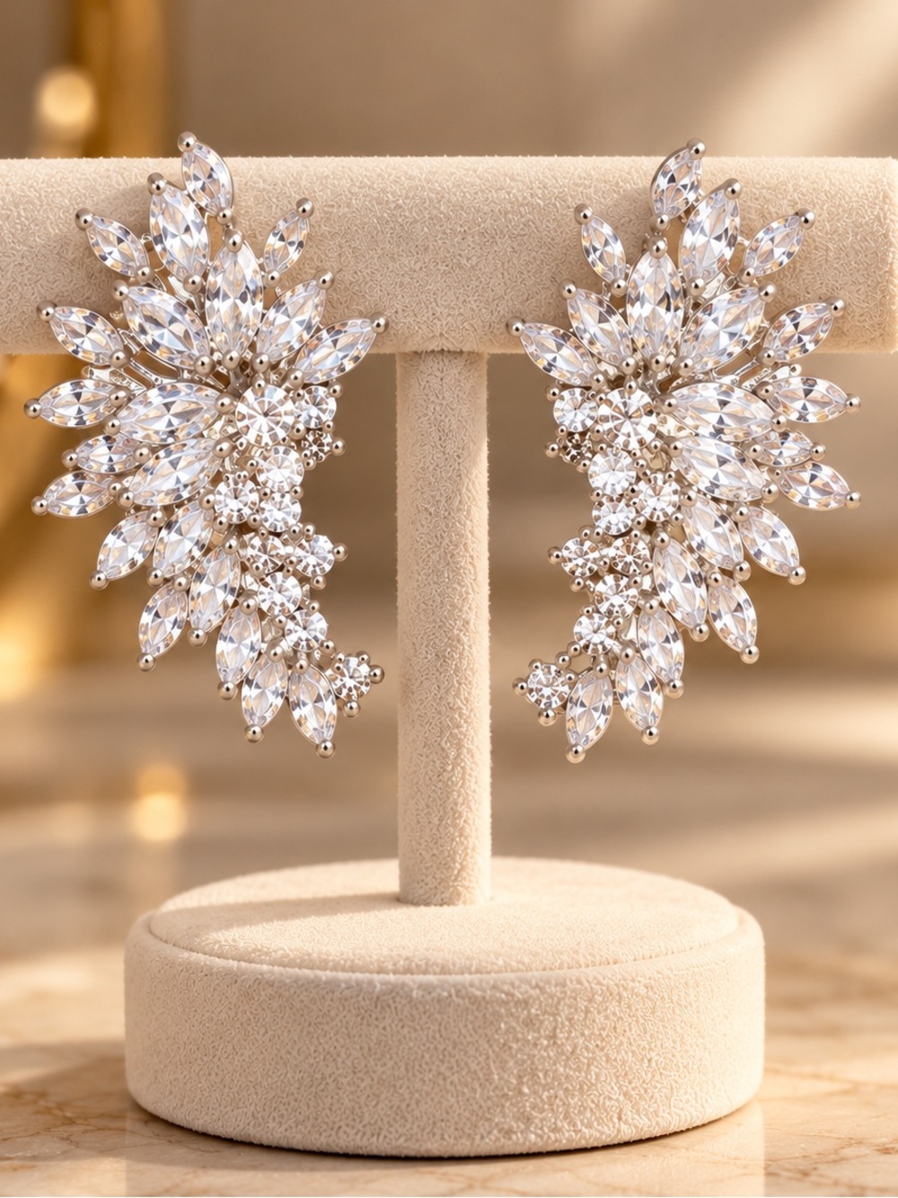 Silver Crystal Floral Cluster Earrings